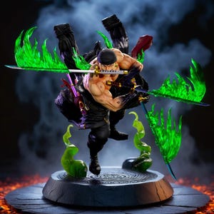 May include: A detailed figurine of a muscular character with three swords, one held in the mouth. The figure is in a dynamic pose, surrounded by green energy effects. The base is a dark gray stone-like platform.