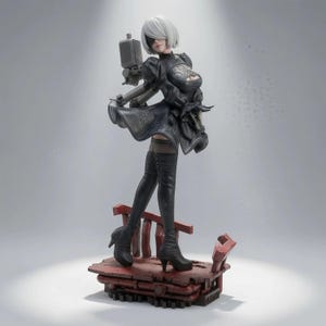 May include: A detailed collectible figurine of a character with short white hair, wearing a black dress with intricate patterns, a black blindfold, and high-heeled boots. The figure stands on a weathered, reddish-brown platform with structural debris.