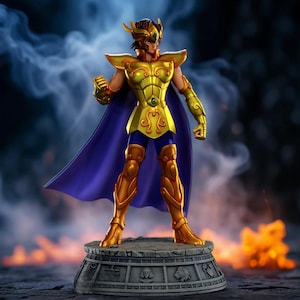 May include: A golden figurine of a warrior in ornate armor, with a blue cape, stands on a stone base. The figure has a helmet and is posed with a clenched fist. The background features smoke and flames.
