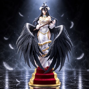 May include: A detailed anime-style figurine of a female character with long black hair, white horns, and large black feathered wings. She wears a white dress with gold trim and holds a dark staff, standing on a red and gold tiered pedestal.