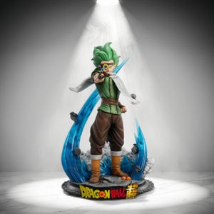 May include: A collectible figurine of a character with spiky green hair, wearing a green tunic, brown trousers, and tan boots. The figure features a monocle, a white scarf, and is surrounded by blue energy effects with the Dragon Ball Super logo.