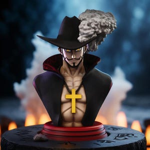 May include: A detailed bust of a character wearing a black hat with a white plume, a black cape, and a gold cross necklace. The figure has yellow eyes and a stern expression. The bust is displayed on a red and black base.