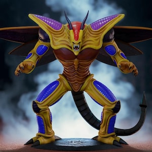 Könnte beinhalten: Detaillierte Figur einer monströsen Figur mit gelbem und braunem Körper, blauen Akzenten und großen Flügeln. Die Figur hat einen bedrohlichen Ausdruck, scharfe Krallen und einen langen, gebogenen Schwanz. Die Figur steht auf einem kreisförmigen Sockel.