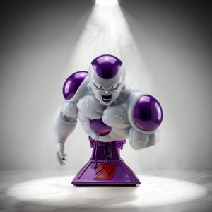 Puede incluir: Un busto esculpido de un personaje musculoso con piel blanca, ojos rojos y una cúpula craneal morada. La figura presenta grandes esferas moradas en los hombros y el pecho, montada sobre una base morada con un emblema Z rojo y líquido morado goteando.