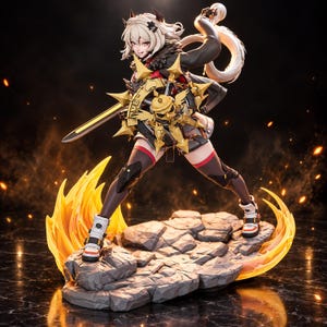 May include: A detailed anime-style figurine of a character with white hair, wearing a black jacket and red accents, holding a large gold star-shaped shield and a sword. The figure stands on a rocky base surrounded by translucent yellow flames.