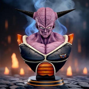 May include: A detailed bust of a purple alien character with black horns, a sinister grin, and a muscular physique. The figure wears a black and orange armored suit. Blue smoke emanates from behind the character, and the base is black with orange accents.