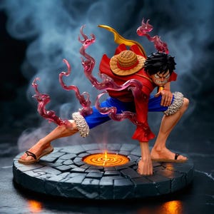 May include: A dynamic figurine of a character in a fighting stance, wearing a red shirt, blue pants, and a straw hat. The figure is on a stone-like base with a glowing orange center, and has translucent pink energy effects.