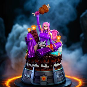 May include: A vibrant figurine of a character in a purple and white outfit, holding a large piece of fried chicken. The figure is atop a multi-layered cake with chocolate frosting and various food decorations. The base is metallic.