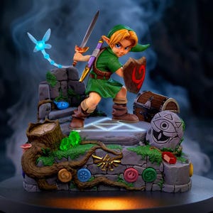 Op de afbeelding: Gedetailleerd beeldje van een videogame-personage, met een zwaard en schild. Het figuur draagt een groene tuniek en hoed, met een bruine riem en laarzen. De basis bevat een schatkist, een steen met een oogsymbool en een gloeiende blauwe fee.