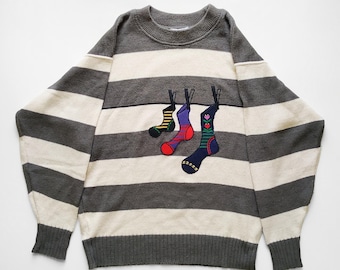 Maglione vintage anni '80 di Carlo Colucci, con motivo a stendibiancheria, lavorazione a maglia, Germania Ovest.