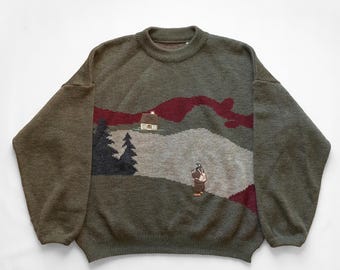 ヴィンテージ90年代風景ニットセーター、セージグリーンのキャビンパインツリー刺繍ジャンパー