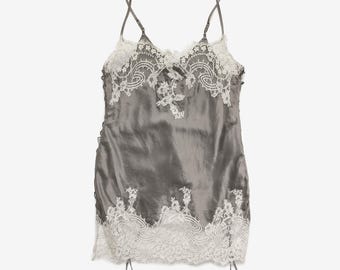 Marjolaine Silk Slip Dress, Pearl Grey, Calais Lace Nightgown, Luxury Lingerie