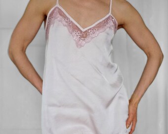 Pale Pink Rayon Nightgown with Rose Lace Trim, Romantic Lingerie Camisole, Delicate Bridal Sleepwear, Size M