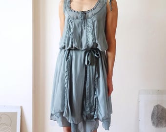 Stella McCartney x H&M Silk Dress, Grey Blue Whimsigoth Fairycore Trapeze Slip Dress, Romantic Ribbon Tie Festival Summer Dress