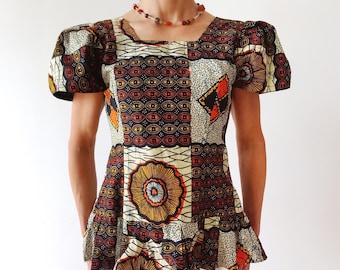 Ankara Patchwork Peplum Top, African Print Puff Sleeve Blouse, Cotton Ethnic Shirt