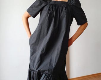Rodebjer Black Organic Cotton Maxi Dress, Square Neck Puff Sleeve Tiered Summer Dress