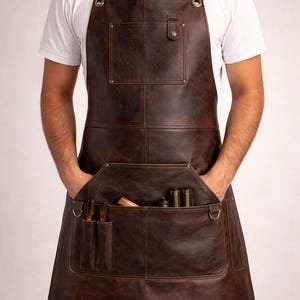 May include: A brown leather apron with multiple pockets and adjustable straps. The apron has a large front pocket and smaller pockets for tools. The apron is designed for artisans and craftspeople.