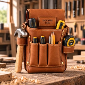 May include: A tan leather tool pouch featuring a hammer, two screwdrivers, two pencils, and a yellow Stanley 25-foot tape measure. The pouch has a rectangular patch with the text "YOUR NAME HERE" and is secured with brass-colored metal rivets.