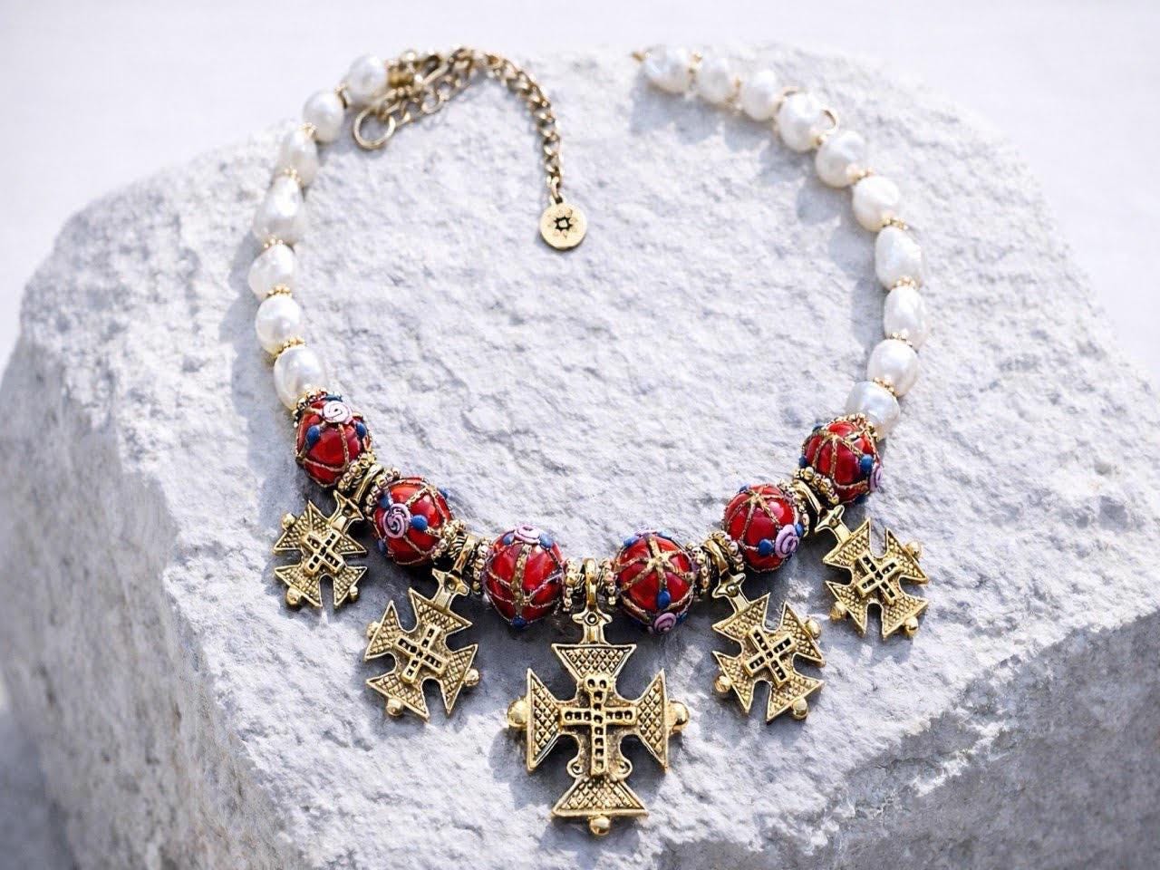 Ukrainian Zgarda Necklace, Traditional Hutsul Cross Jewelry With