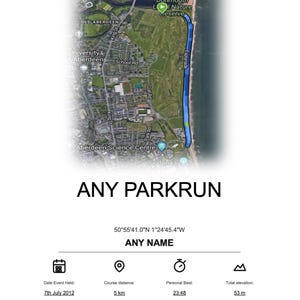 Könnte beinhalten: Eine Karte einer Küstenlaufstrecke, blau markiert. Der Text "ANY PARKRUN" wird angezeigt, zusammen mit Veranstaltungsdetails: Datum, Streckenlänge von 5 km, persönliche Bestzeit und Gesamthöhe von 53 m.