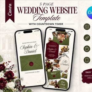 Puede incluir: Una plantilla de sitio web de bodas de 5 páginas para Canva con dos pantallas de teléfono móvil que muestran diseños de invitación con sobres verdes, sellos de cera y fotos de pareja. El texto incluye "Sophia & Daniel" y "The Details".