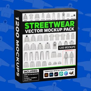 May include: A black rectangular box labeled Streetwear Vector Mockup Pack containing 1200 mockups. The box displays various clothing items like hoodies, t-shirts, and pants in white vector outlines, with software compatibility icons and text.