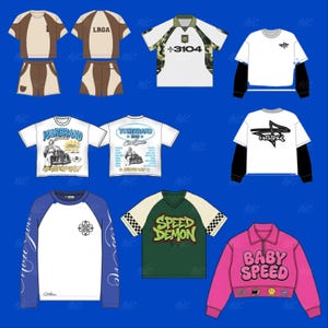 May include: A collection of apparel designs featuring various t-shirts, shorts, and a pink pullover. Designs include graphic prints with text such as LRGA, 3104, OUTSIDER, SPEED DEMON, and BABY SPEED, alongside various patterns, color blocks, and logos.