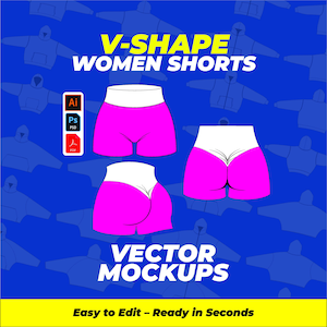 May include: A digital graphic displaying V-SHAPE WOMEN SHORTS VECTOR MOCKUPS with three illustrations of pink shorts featuring a high white waistband. The image includes icons for Ai, Ps, and PDF file formats on a blue background with hoodie outlines.