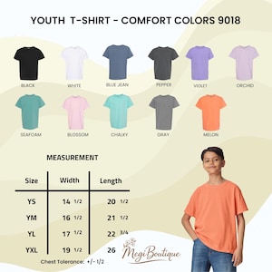 May include: A youth t-shirt in melon color is displayed, alongside a chart showing various colors like black, white, and blue jean. The chart includes measurements for sizes YS, YM, YL, and YXL, with widths ranging from 14 1/2 to 19 1/2 inches.