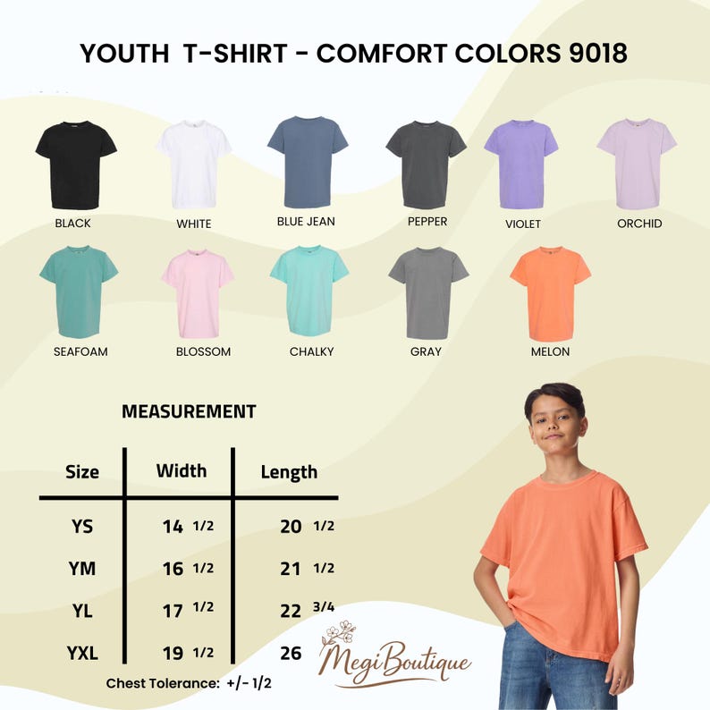 May include: A youth t-shirt in melon color is displayed, alongside a chart showing various colors like black, white, and blue jean. The chart includes measurements for sizes YS, YM, YL, and YXL, with widths ranging from 14 1/2 to 19 1/2 inches.