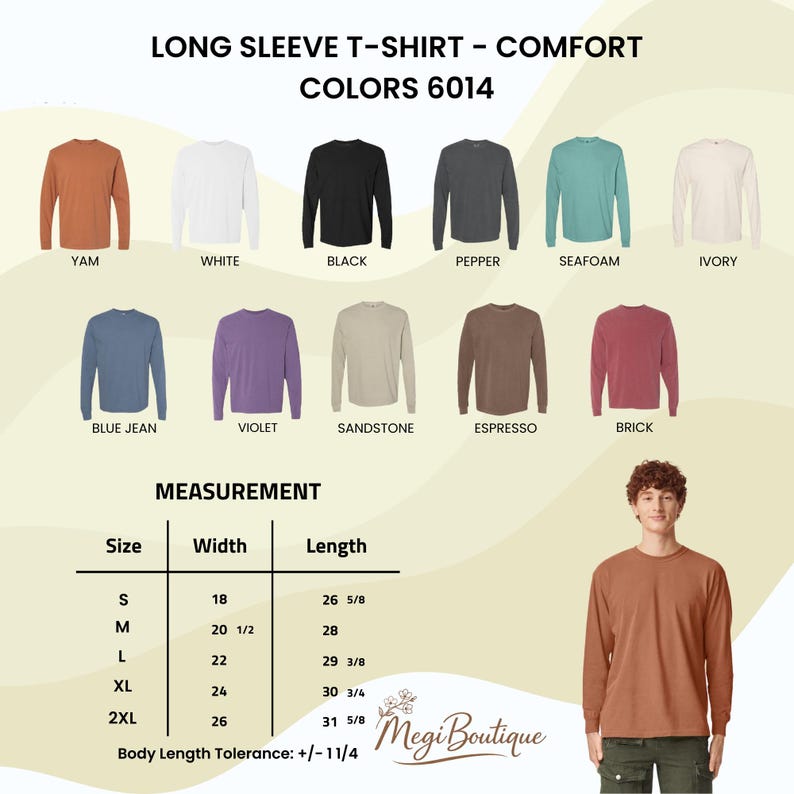 May include: A variety of long-sleeve t-shirts in various colors, including white, black, and blue jean. The image includes a measurement chart with sizes ranging from S to 2XL, and the text "LONG SLEEVE T-SHIRT - COMFORT COLORS 6014".