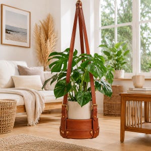 Support de plante en cuir fait main de luxe Jardinière suspendue réglable Suspension pour plante d'intérieur en cuir véritable Décoration d'intérieur moderne Cadeau artisanal