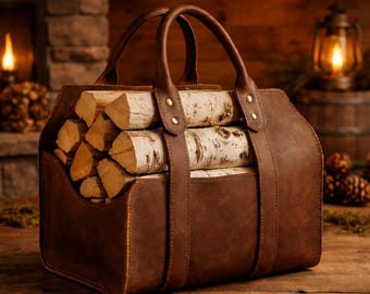 Leather Firewood Carrier Tote Bag: Rustic Log Holder for Fireplace Cabin Decor