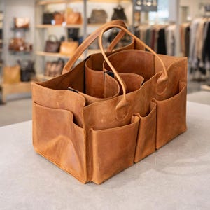 May include: A brown leather tote bag with multiple compartments and pockets. The bag has two handles and is designed for organisation. The leather has a distressed look, and the bag appears sturdy. The bag is sitting on a grey surface.
