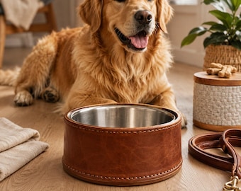 手作りの革製ペット用餌入れ 高級犬猫用フードボウル フルグレインレザー製ペット用食器 モダンなペットアクセサリー 職人によるペットギフト