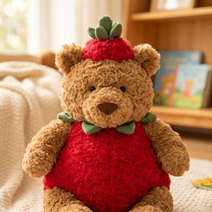 Puede incluir: Un oso de peluche marr&oacute;n con un atuendo rojo, un cuello verde y un sombrero rojo con hojas verdes. El oso tiene la apariencia de una fresa y est&aacute; hecho de material de felpa suave.