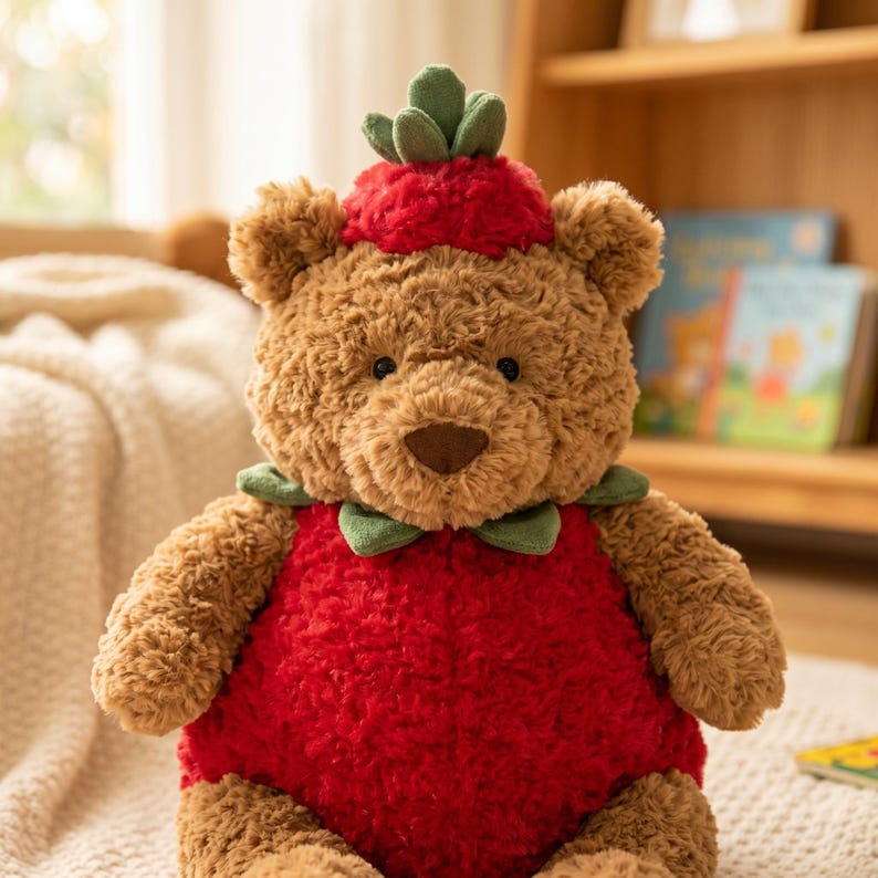 Puede incluir: Un oso de peluche marr&oacute;n con un atuendo rojo, un cuello verde y un sombrero rojo con hojas verdes. El oso tiene la apariencia de una fresa y est&aacute; hecho de material de felpa suave.