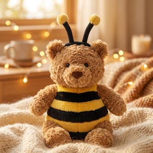 May include: A plush teddy bear dressed as a bee, with a brown body, a yellow and black striped belly, and black antennae with yellow pom-poms. The bear is sitting on a cream-colored knitted blanket, with a warm, inviting background.