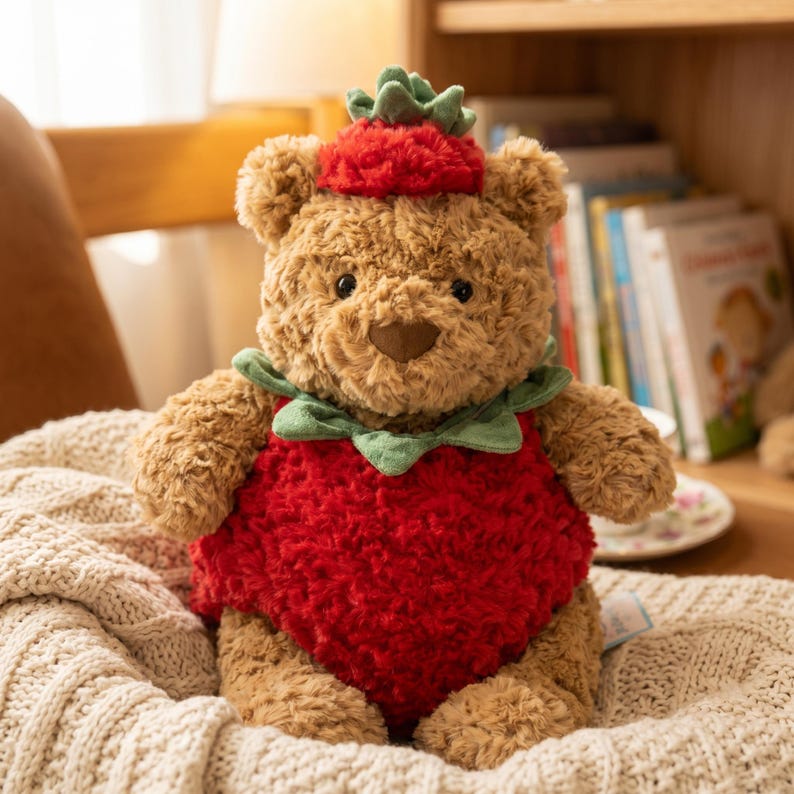 Puede incluir: Un oso de peluche marr&oacute;n con un disfraz de fresa roja con una corona y un cuello de hojas verdes. El oso est&aacute; sentado sobre una manta de punto color crema. La cara del oso tiene una nariz marr&oacute;n y ojos negros.