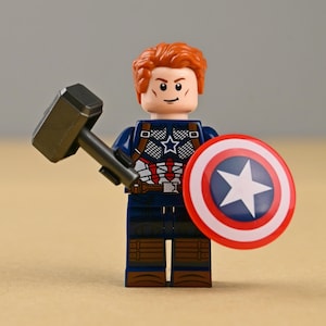 MOC Captain America Minifigure, Wielding Mjolnir & Vibranium Shield, Avengers Endgame Final Battle