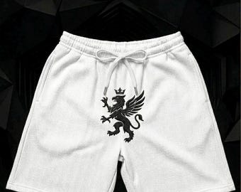 Pantaloncini in cotone bianchi con ricamo di leone – Logo minimalista, abbigliamento sportivo estivo per la palestra