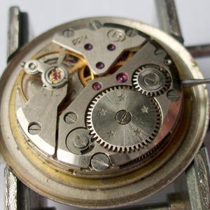 Pode incluir: Close-up de um movimento de rel&oacute;gio com engrenagens, parafusos e joias intrincadas. Os componentes met&aacute;licos s&atilde;o prateados e dourados, com um design circular. O rel&oacute;gio &eacute; preso em uma bra&ccedil;adeira de metal.