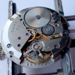May include: Close-up of a watch movement with intricate gears and components. The silver-colored mechanism features multiple gears, screws, and jewels. The text "2409A SU" and "734433" are visible on the watch movement.