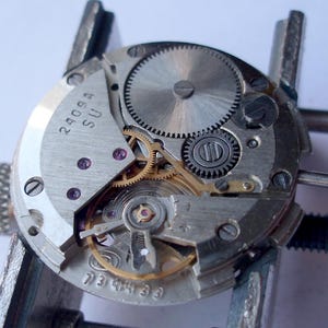 May include: Close-up of a watch movement with visible gears, screws, and other internal components. The metal parts are silver and gold, with small purple jewels. The text "2409A SU" and "734433" are visible on the movement.