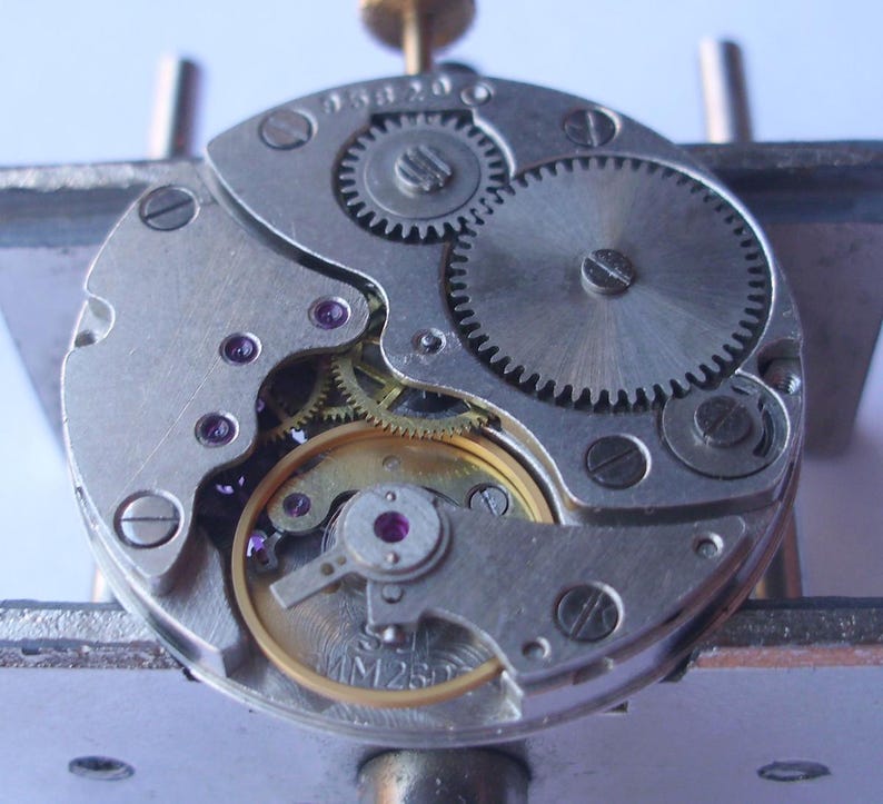 May include: Detailed view of a mechanical watch movement. The silver mechanism includes various gears, screws, and jewels. The intricate design reveals the internal workings of a timepiece, emphasizing its precision and craftsmanship.