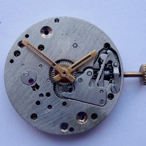 May include: Detailed view of a watch movement, revealing its internal components. The silver-coloured base houses gears, levers, and a gold-toned balance wheel. Gold-coloured hands indicate the time. A small, gold-coloured crown is present on the side.