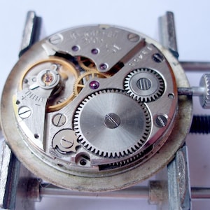 May include: Close-up of a watch movement with intricate gears, screws, and other mechanical components. The watch mechanism is silver-toned with gold and purple accents. The image shows the inner workings of a timepiece, highlighting its complexity.