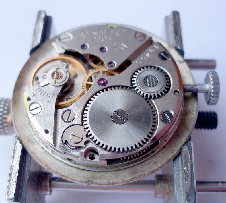 May include: Close-up of a watch movement with intricate gears, screws, and other mechanical components. The watch mechanism is silver-toned with gold and purple accents. The image shows the inner workings of a timepiece, highlighting its complexity.