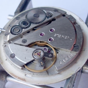 May include: Close-up of a watch movement with visible gears, screws, and jewels. The silver-toned components are arranged within a white circular frame, held by a metal clamp. The text "17 JEWELS" is visible.
