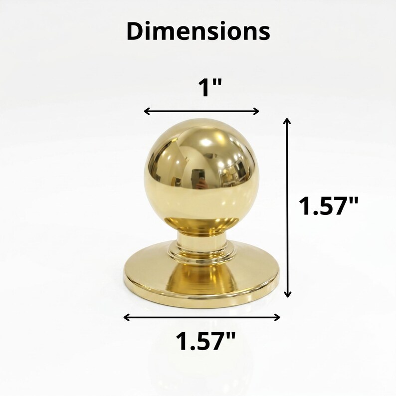 May include: A gold-coloured cabinet knob with a spherical top and a circular base. The knob is 2.54 cm wide and 4 cm tall. The word "Dimensions" is above the knob.